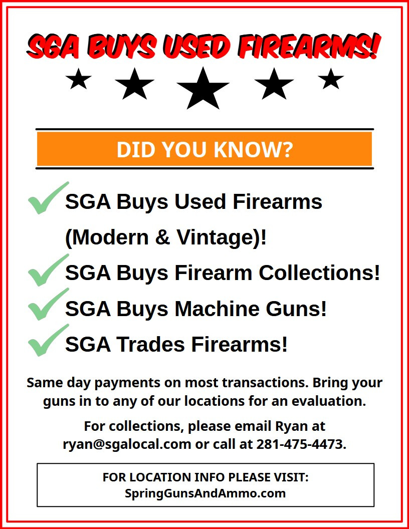 SGA Buys Used Firearms SGA buys used firearms! Bring them to any location for an evaluation!